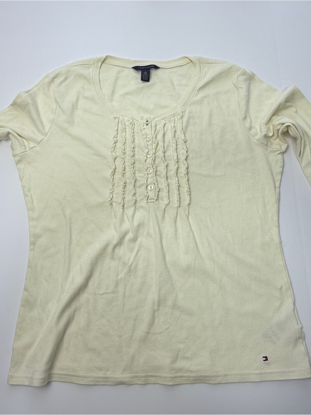 Tommy Hilfiger Women’s XL Cream Long Sleeve Ruffle Henley Knit Top Ivory